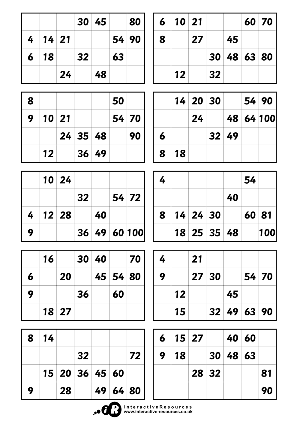 Times Tables Bingo Cards