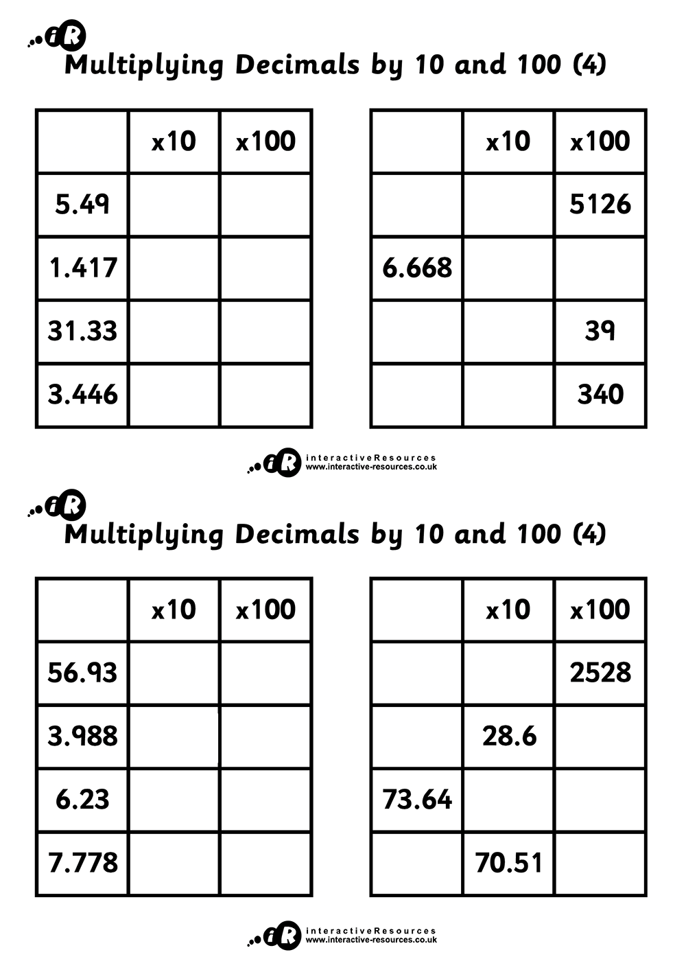 Multiplying decimals by 10 and 100 (4)