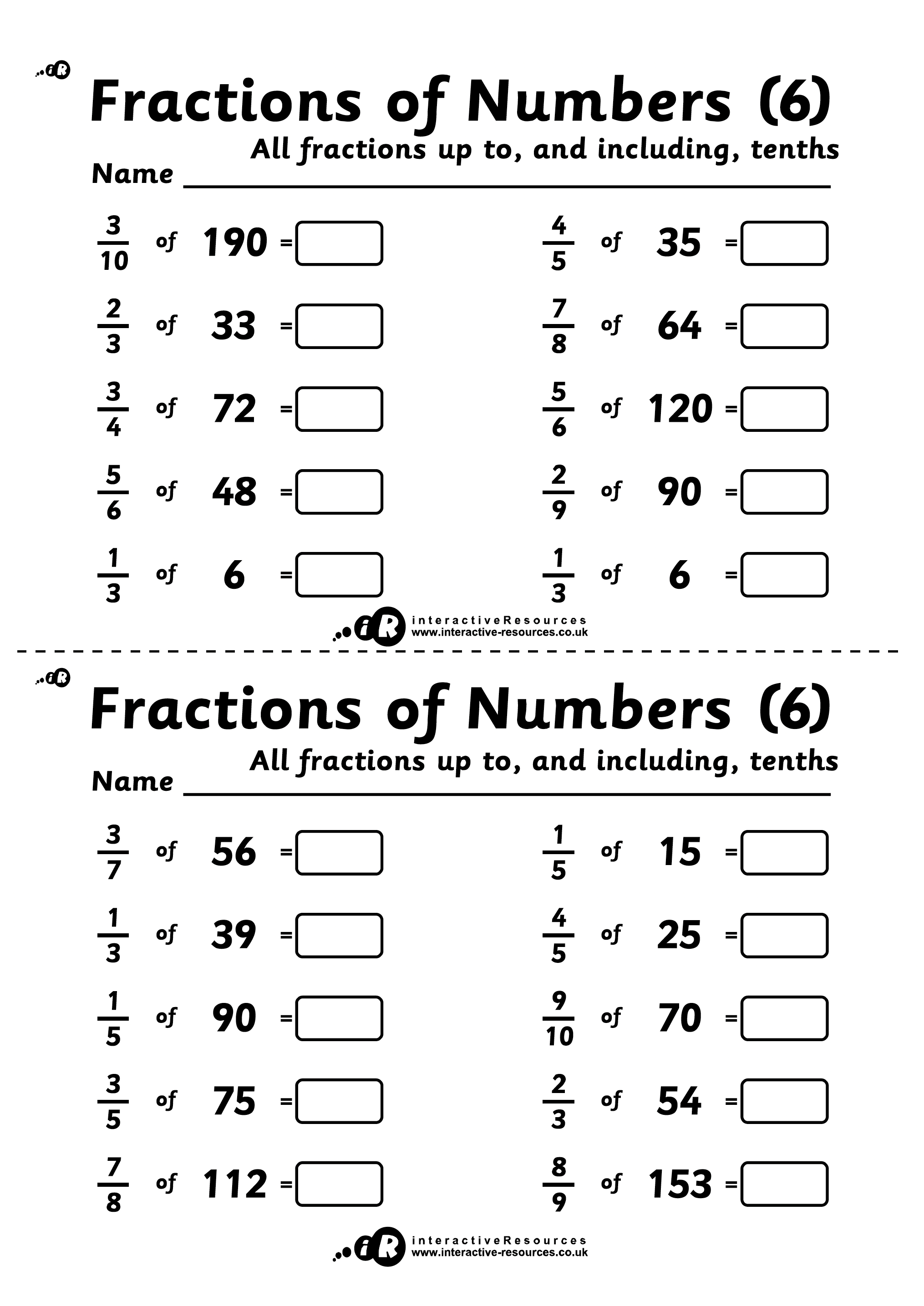 Fractions of Numbers (6)