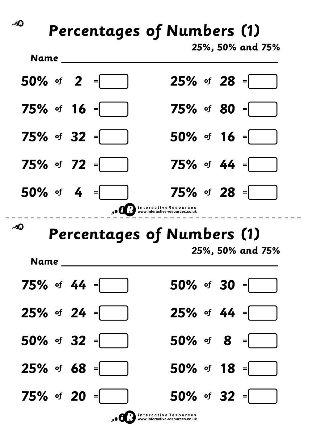 Percentages of Numbers